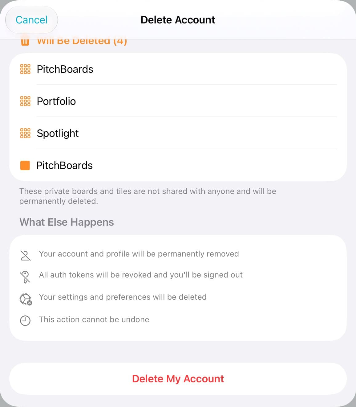 The What Else Happens list and the Delete My Account button.