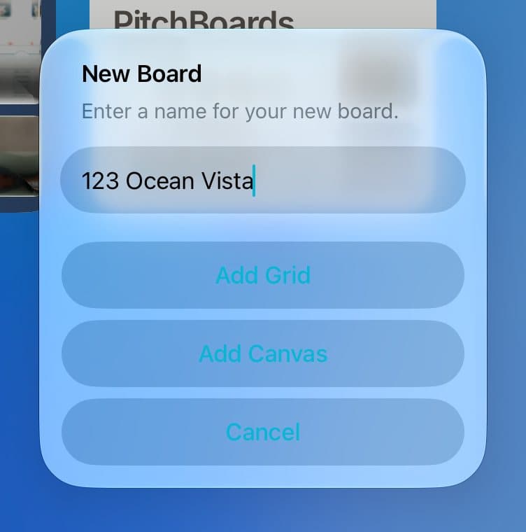 The New Board box with a name typed in.