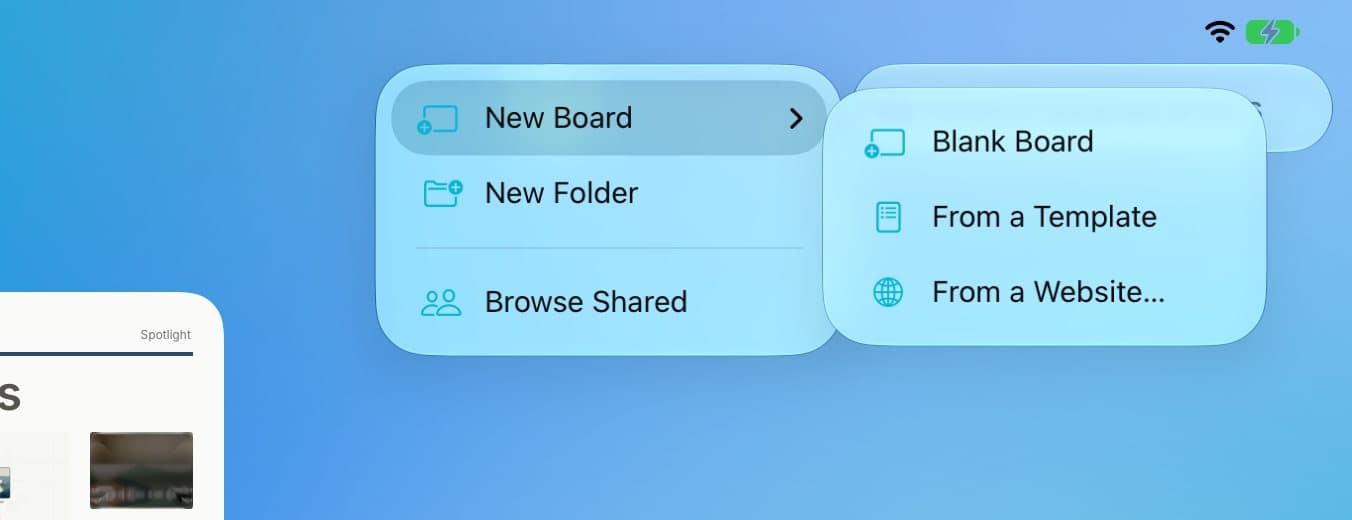 The New Board menu with Blank Board, From a Template, and From a Website.