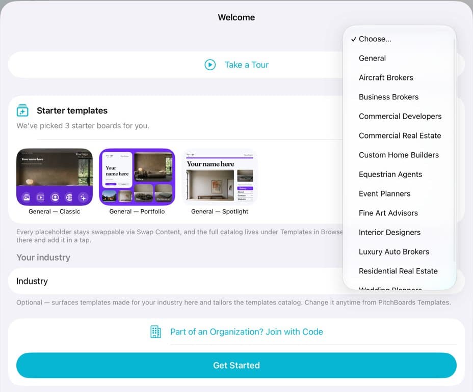 The welcome sheet's industry picker, with the Choose button marked