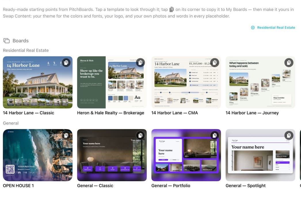 The template catalog, with the copy icon on a template marked