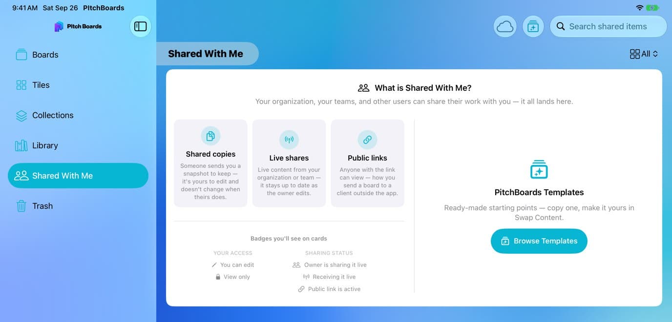 The Shared With Me screen, with the sidebar item and the Browse Templates button marked in order