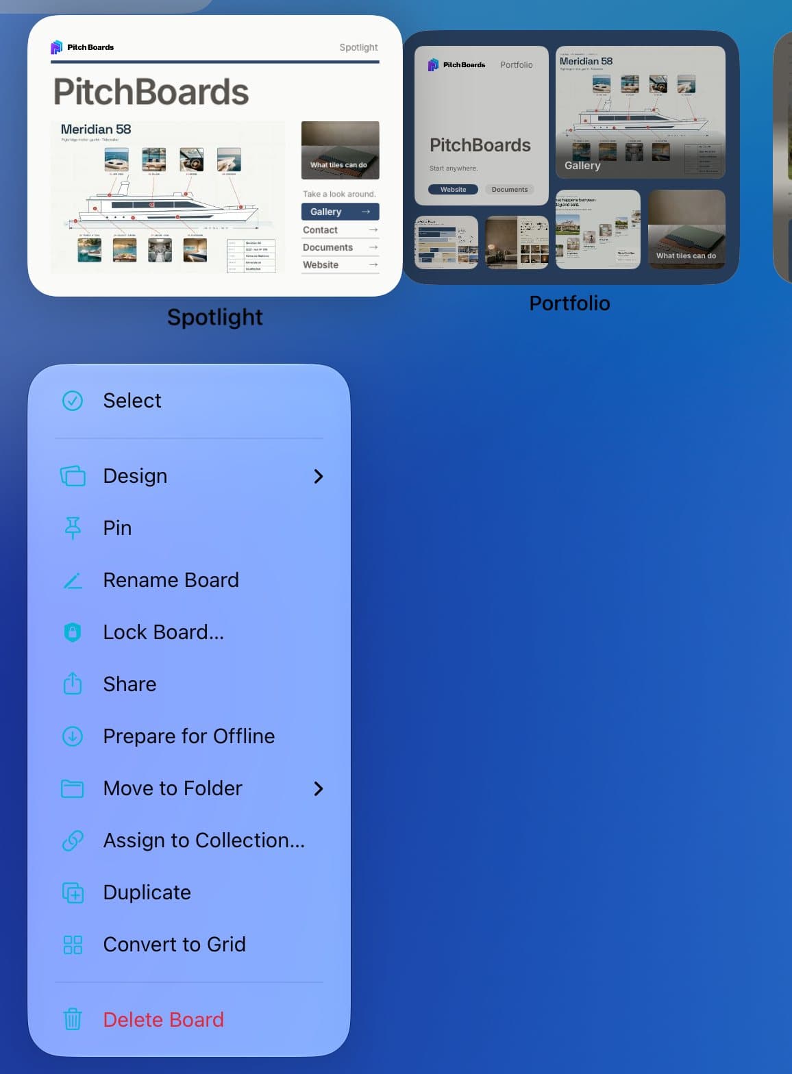 A board's menu with Duplicate near the bottom.