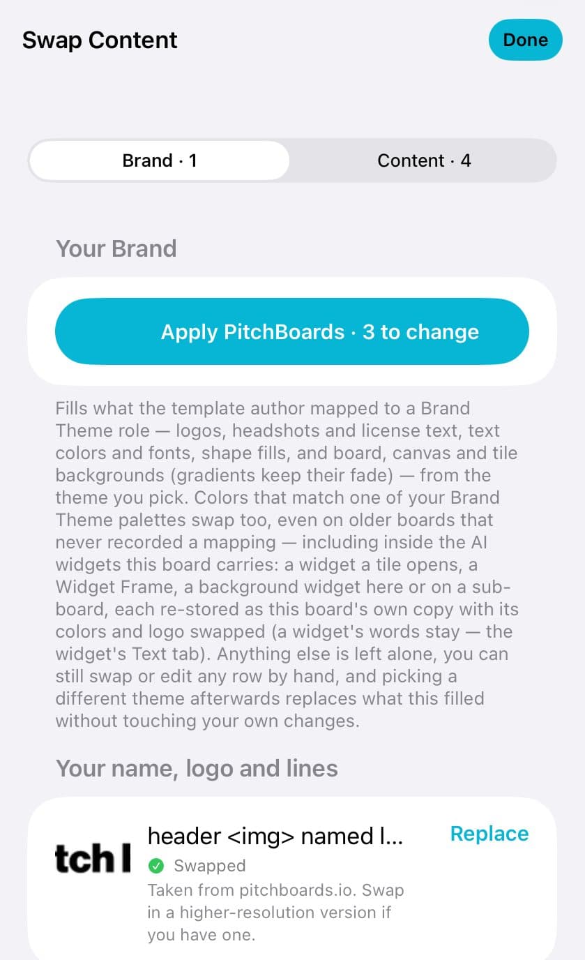 The Brand tab with Apply PitchBoards, 3 to change.