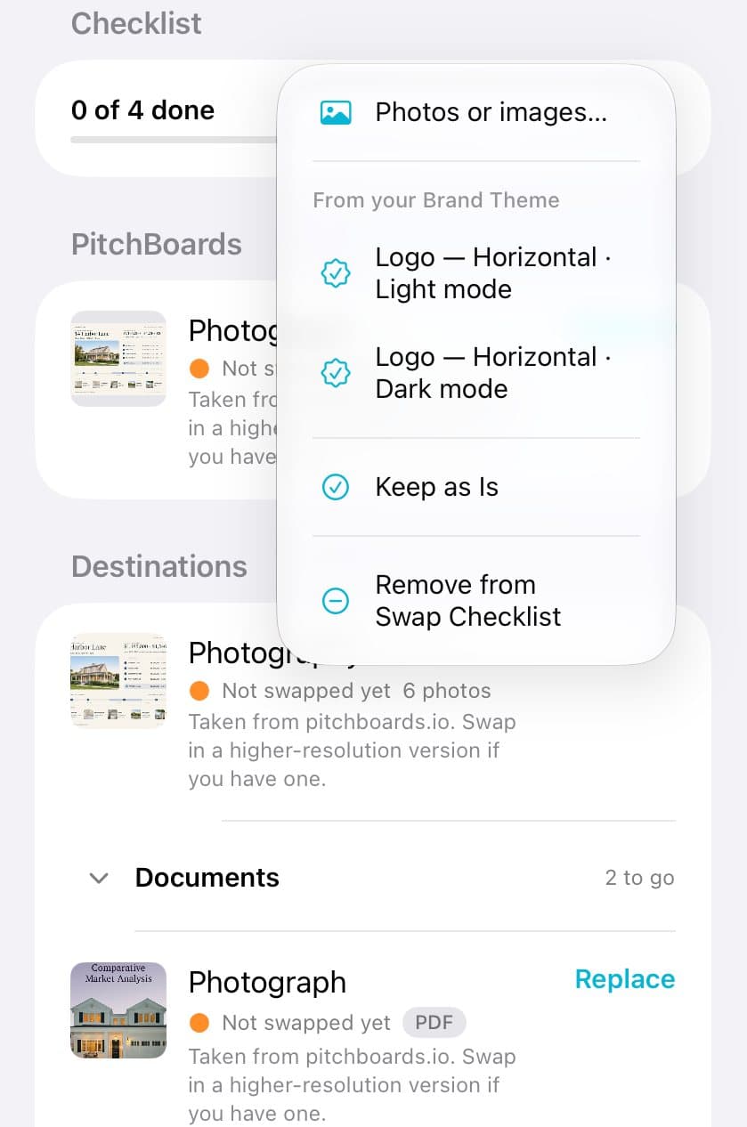A Replace menu with Photos or images, logos from your theme, Keep as Is, and Remove from Swap Checklist.