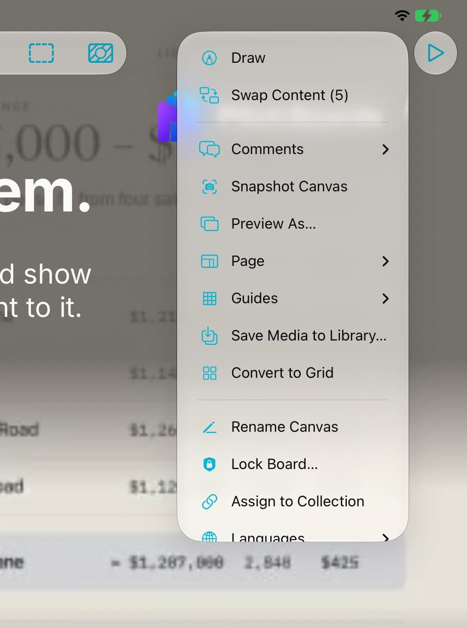 The More menu with Draw, Swap Content, Comments, Page, Guides, Share, and more.