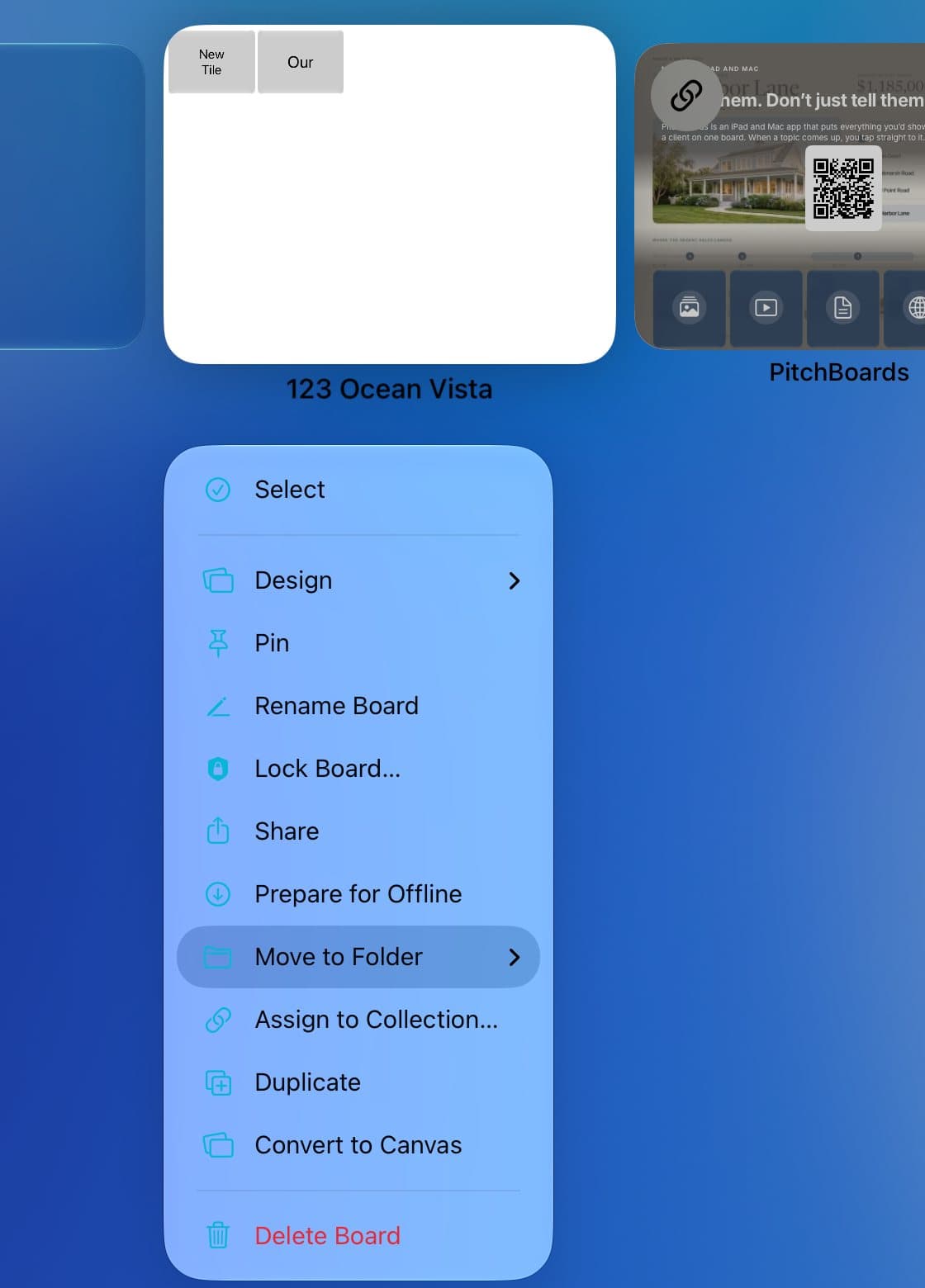 A board's menu with Delete Board at the bottom.