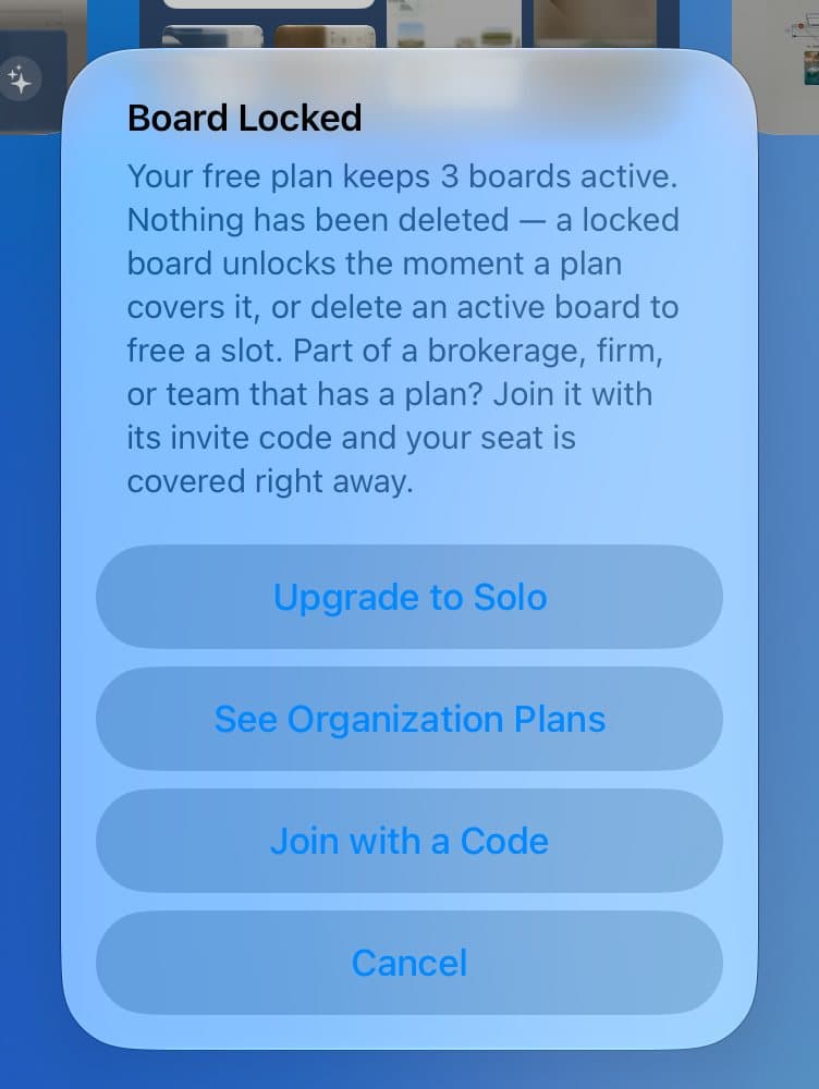 The Board Locked message with Upgrade to Solo, See Organization Plans, and Join with a Code.