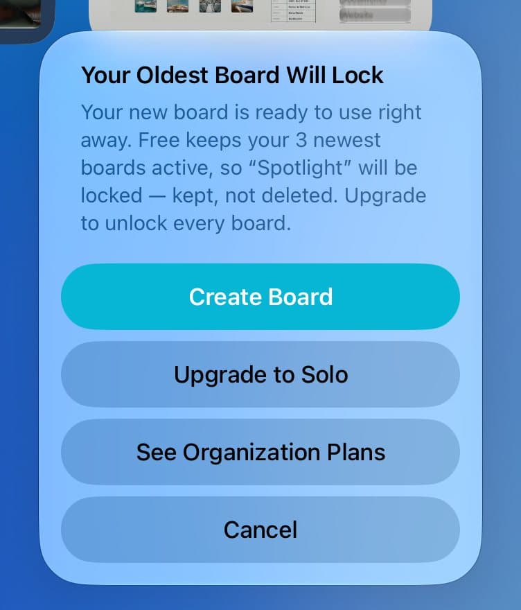 The Your Oldest Board Will Lock message naming the board that will lock.