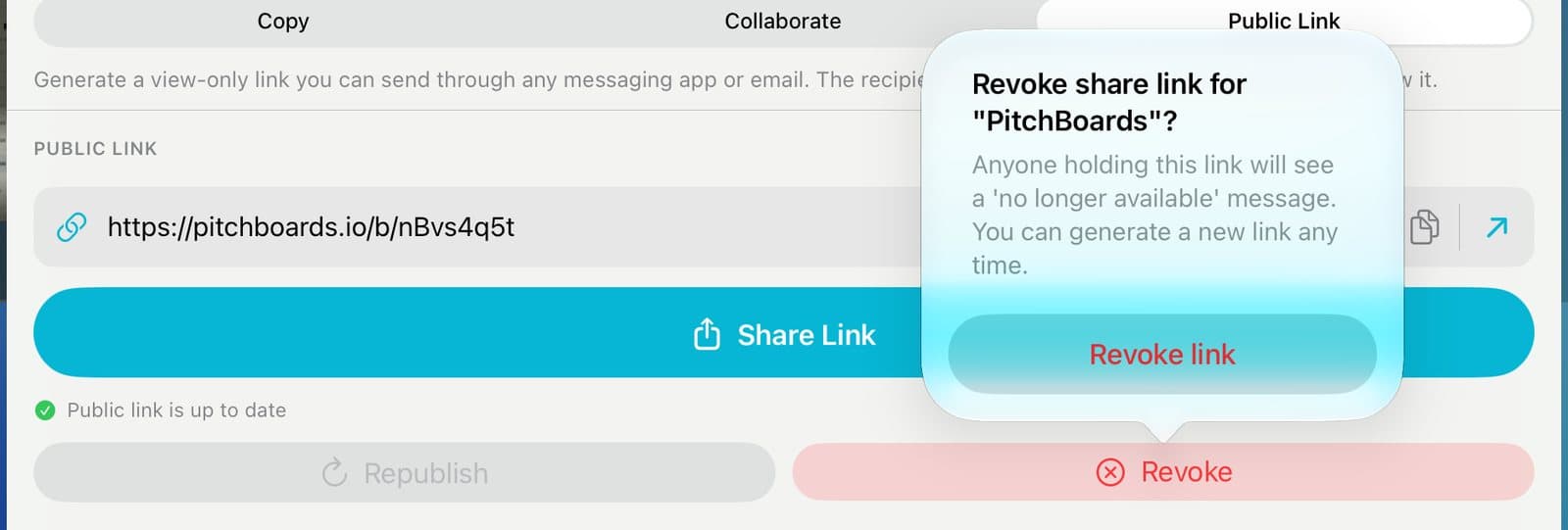 Revoke share link for PitchBoards, with the Revoke link button.
