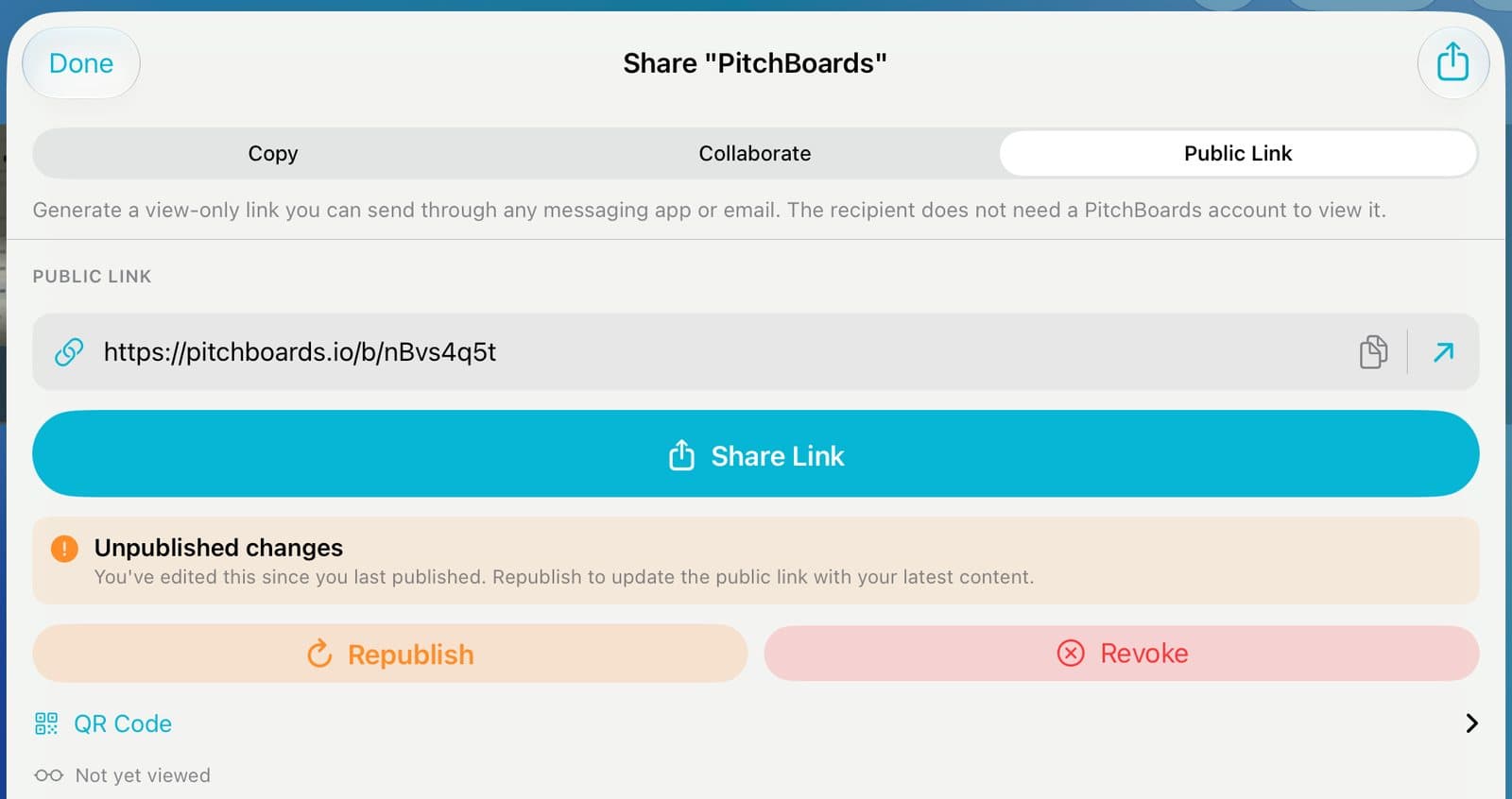 The Public Link tab with the link, Share Link, and Unpublished changes.