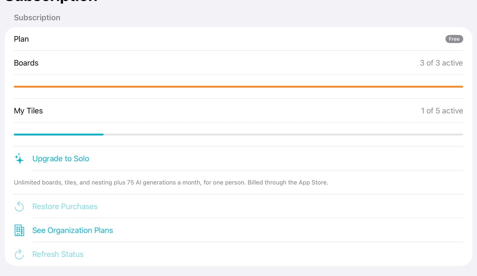 The Subscription page with boards 3 of 3 active and the Upgrade to Solo button.