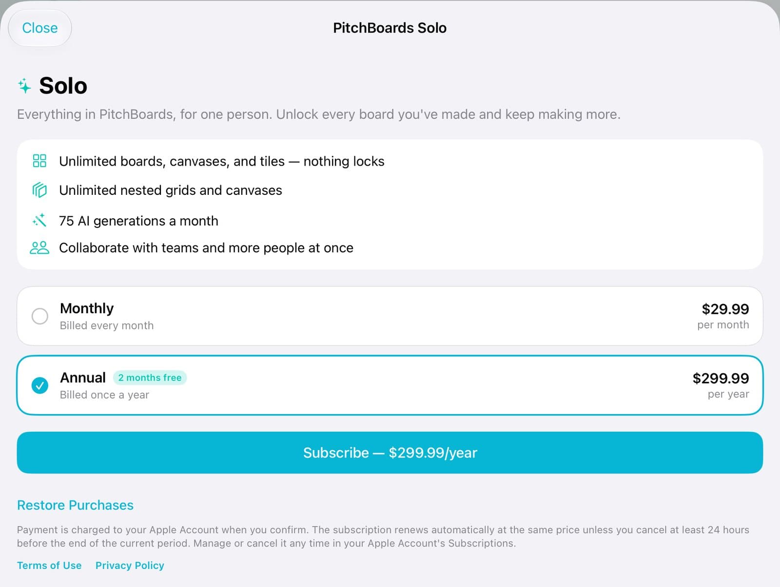 The PitchBoards Solo sheet with Monthly and Annual choices.