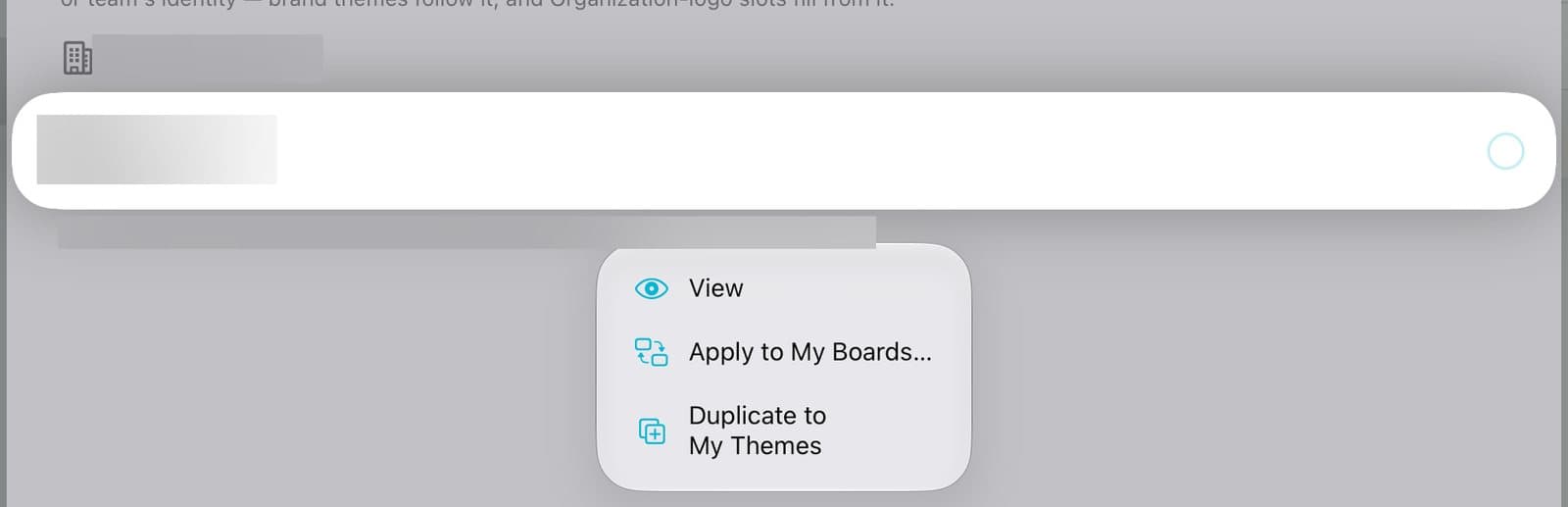 An office theme's menu with View, Apply to My Boards, and Duplicate to My Themes.