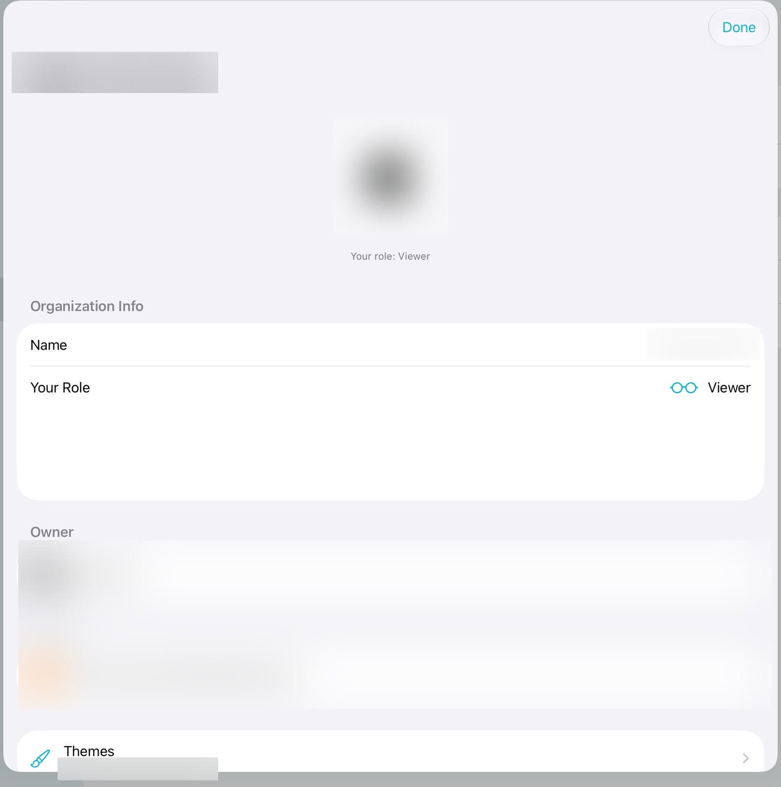 The organization page with Organization Info and the Themes row.