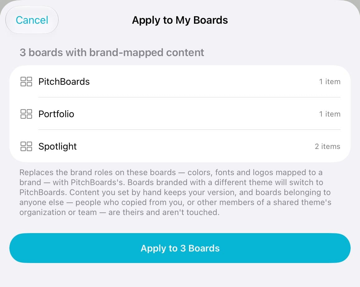 The Apply to My Boards sheet with the Apply button.