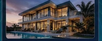 Modern waterfront luxury home at dusk.