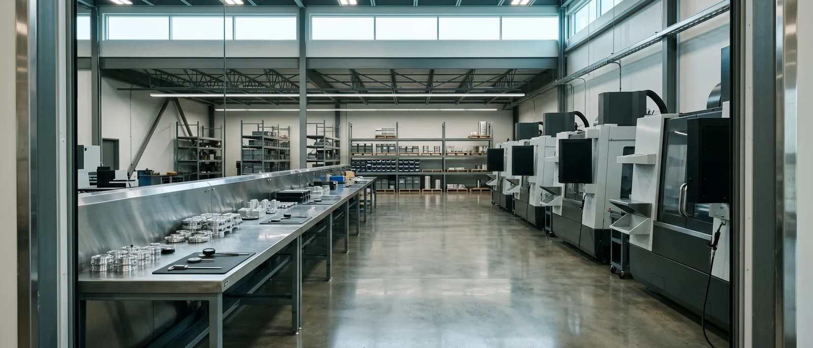 The interior of an immaculately kept production facility at the end of a shift: a row of new machining centers, orderly benches and racking, nobody present.