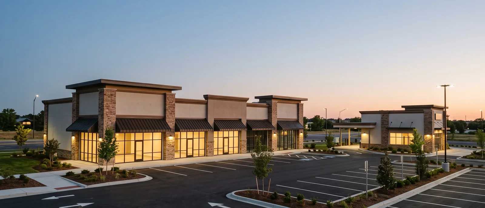 A brand-new anchored retail centre on a suburban corner at blue hour: stone piers, cream stucco and bronze canopies, storefronts glowing, a freestanding drive-thru pad on the right and fresh striping across the lot.