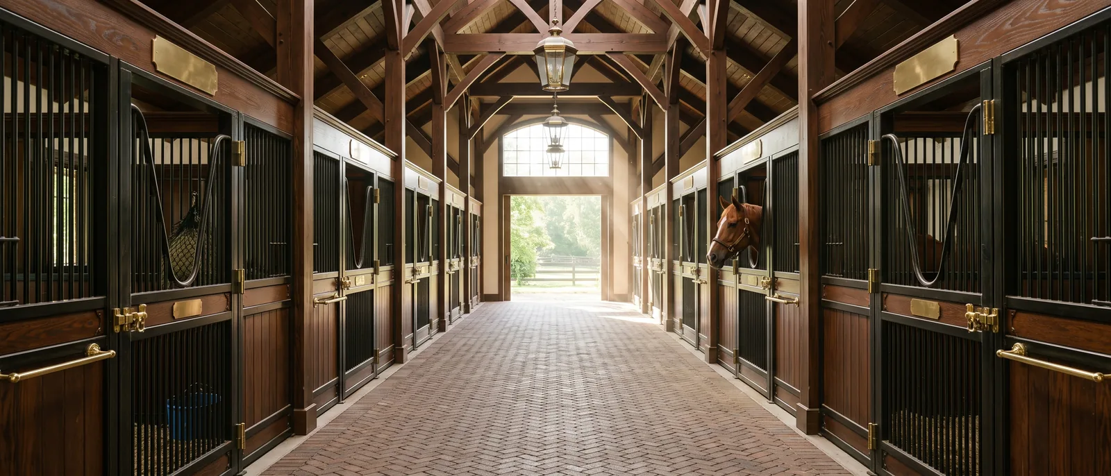 The center aisle of an immaculate private barn: herringbone brick underfoot, oak and brass stall fronts either side, one horse looking out over a half-door.