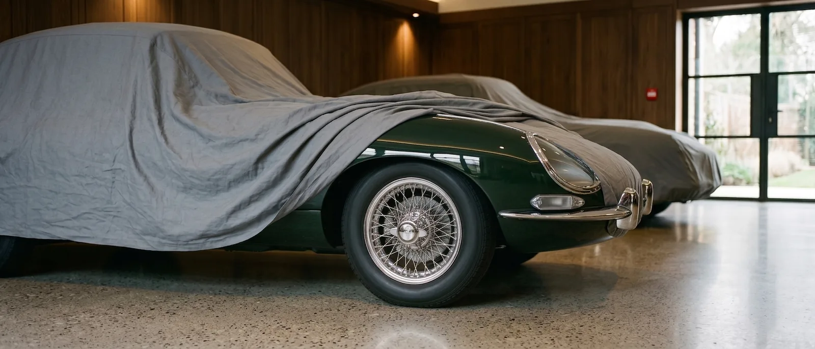 A fitted cloth cover drawn back off the front quarter of a dark green classic coupe in a private collection garage, revealing a chrome wire wheel and a second covered car behind.
