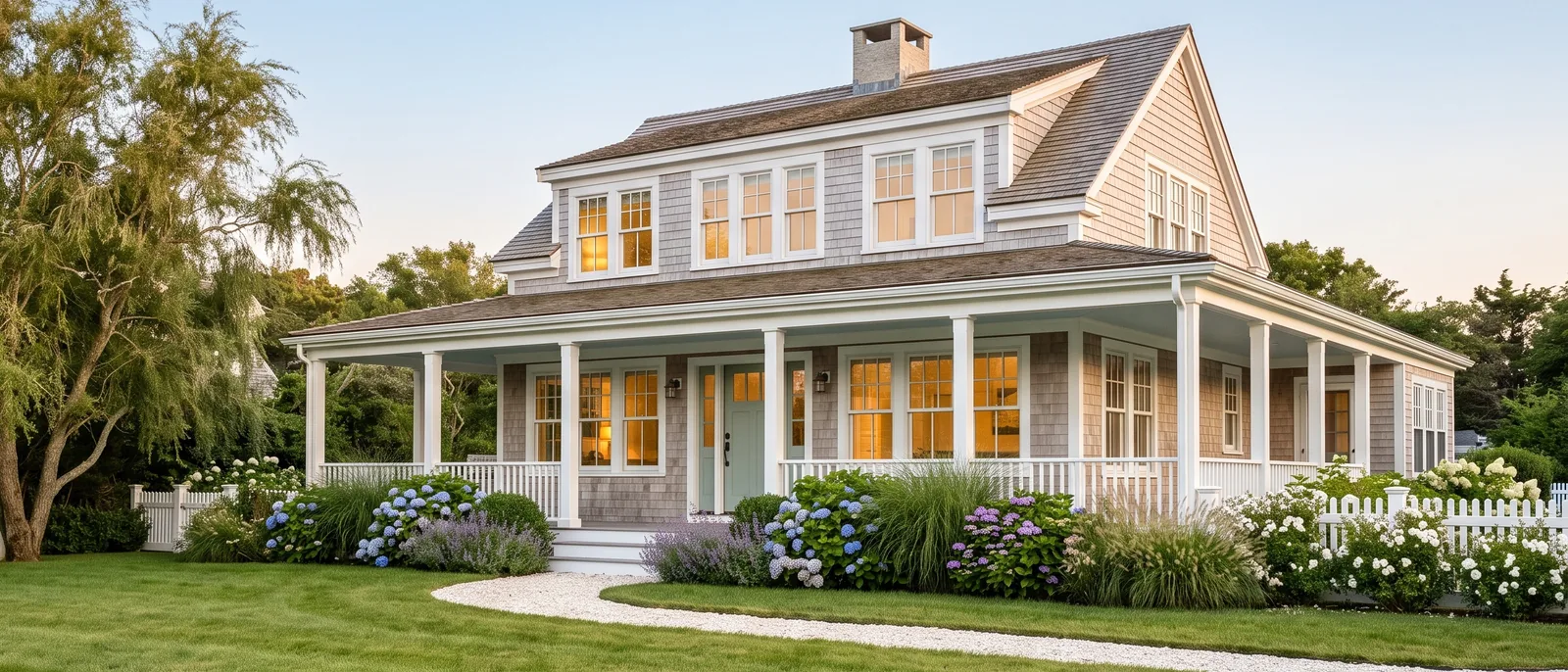 A renovated cedar-shingle coastal home with a white wraparound porch, a sage-green front door, blue hydrangeas along the path and a white picket fence, in clear late-afternoon light.