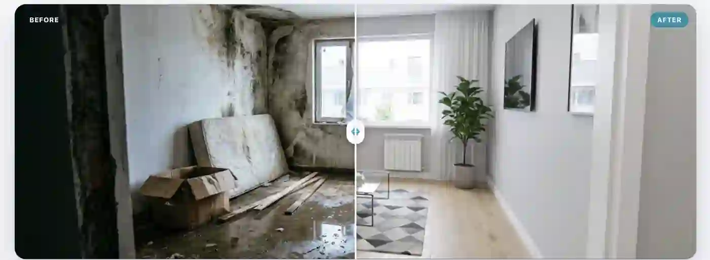 A before-and-after remodel widget with a draggable divider between the current room and the staged renovation.