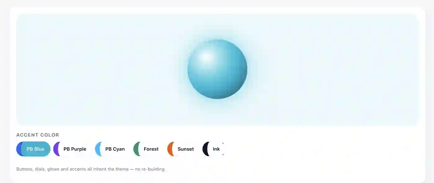 A widget with an accent-color picker: PB Blue, PB Purple, PB Cyan, Forest, Sunset, and Ink.