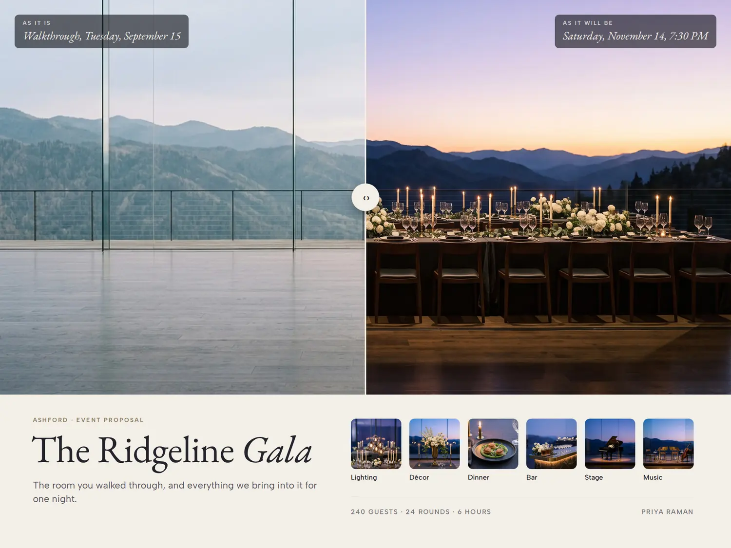 The Ridgeline Gala — As it is / as it will be, built in PitchBoards.