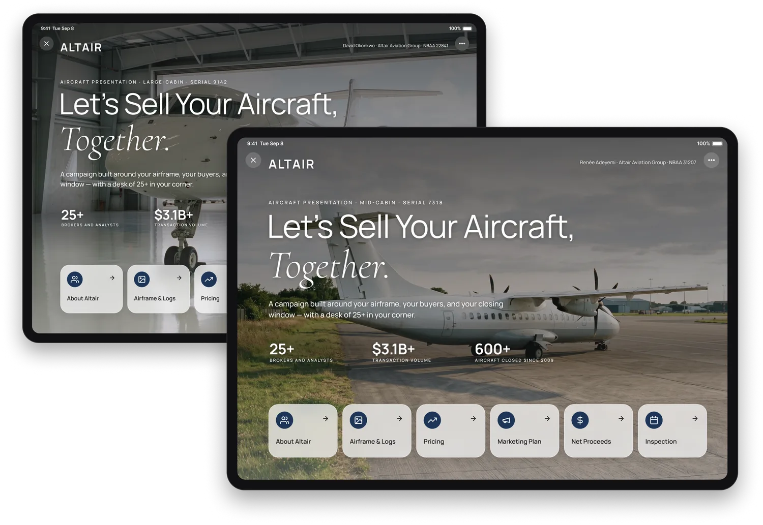 Two aircraft presentations side by side on iPads: the same Altair wordmark, accent and typeface on both, and the same desk record — one a large-cabin jet on the ramp under David Okonkwo, the other a mid-cabin turboprop under Renée Adeyemi.