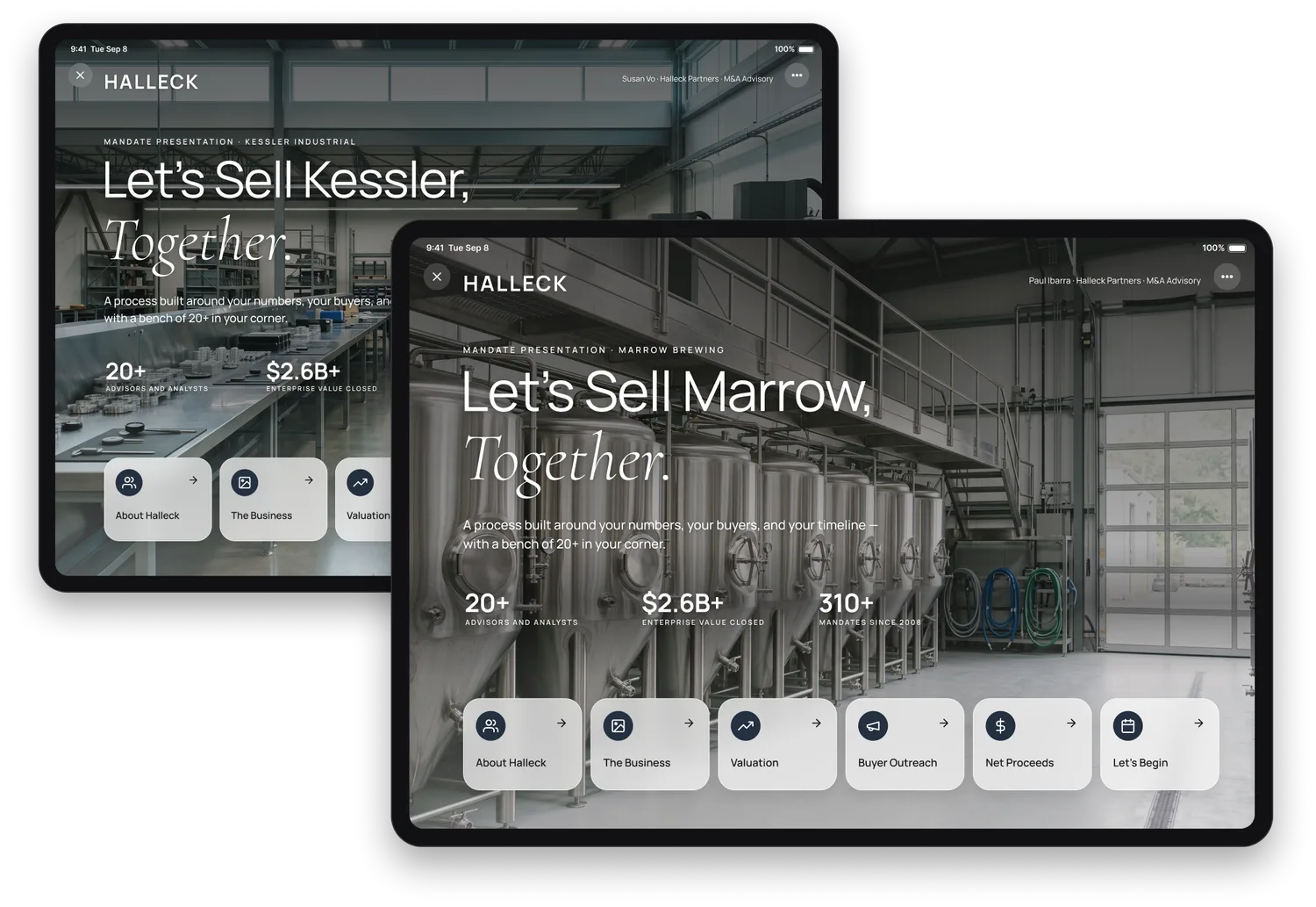 Two mandate presentations side by side on iPads: the same Halleck wordmark, accent and typeface on both, and the same firm record — one Kessler Industrial under Susan Vo, the other Marrow Brewing under Paul Ibarra.
