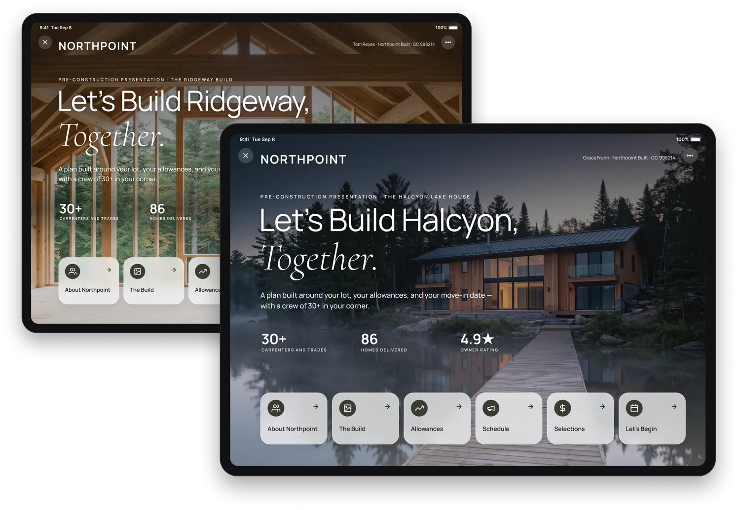Two pre-construction presentations side by side on iPads: the same Northpoint wordmark, accent and typeface on both — one the Ridgeway build under Tom Reyes, the other the Halcyon lake house under Grace Nunn.