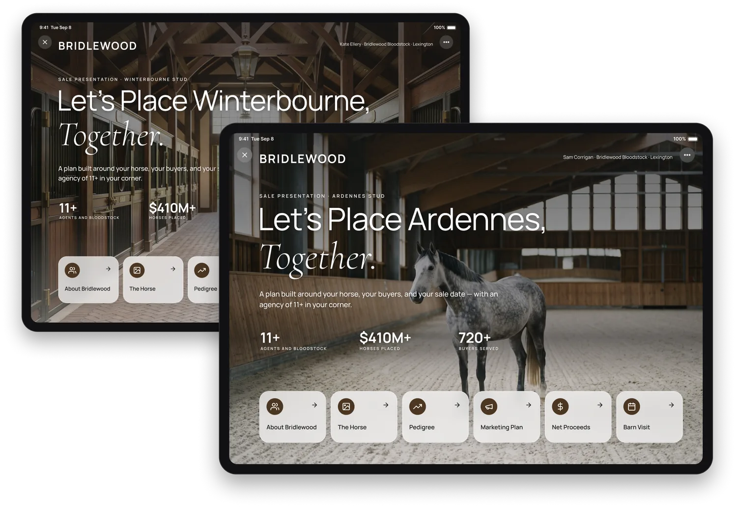 Two sale presentations side by side on iPads: the same Bridlewood wordmark, accent and typeface on both — one Winterbourne in a paddock under Kate Ellery, the other Ardennes in an indoor school under Sam Corrigan.