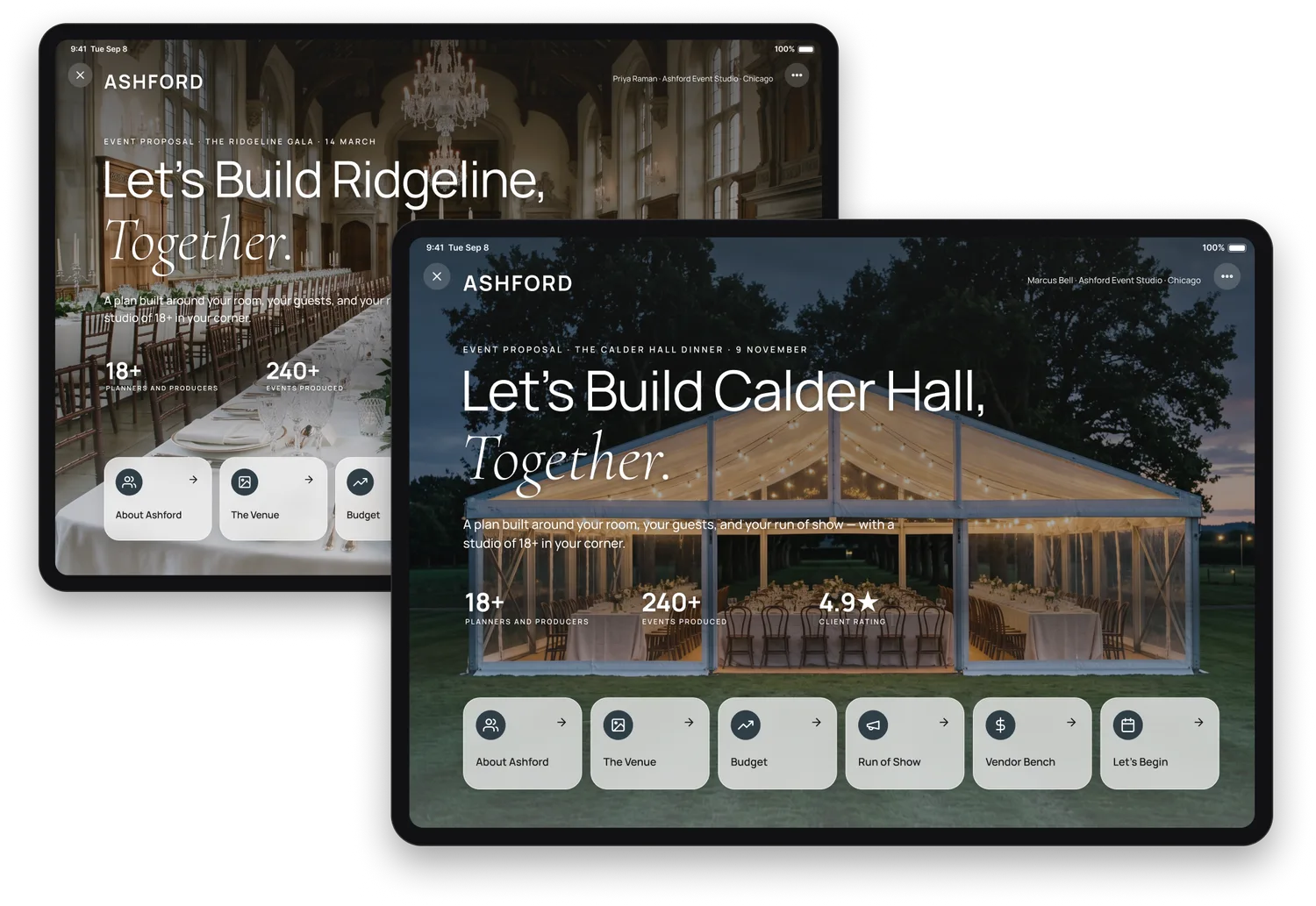 Two event proposals side by side on iPads: the same Ashford wordmark, accent and typeface on both — one the Ridgeline Gala in a ballroom under Priya Raman, the other the Calder Hall dinner in a marquee under Marcus Bell.