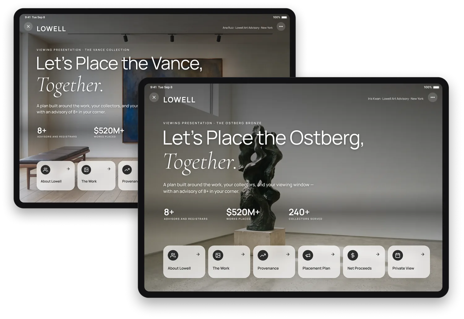 Two viewing presentations side by side on iPads: the same Lowell wordmark, accent and typeface on both — one the Vance collection under Ana Ruiz, the other the Ostberg bronze under Iris Kwan.