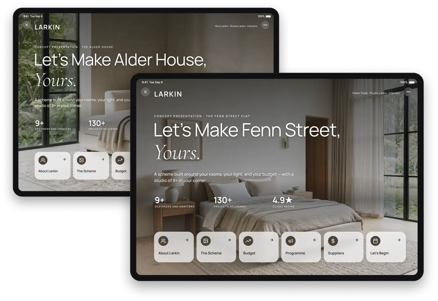Two concept presentations side by side on iPads: the same Larkin wordmark, accent and typeface on both — one the Alder House under Nina Larkin, the other the Fenn Street flat under Owen Trask.