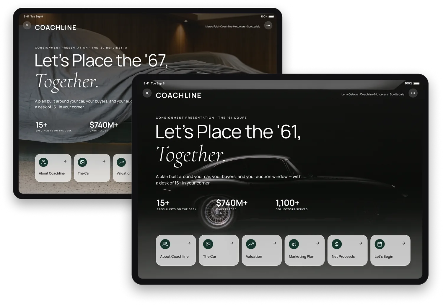 Two consignment presentations side by side on iPads: the same Coachline wordmark, accent and typeface on both — one the '67 Berlinetta under Marco Feld, the other a '61 coupe lit in a dark studio under Lena Ostrow.