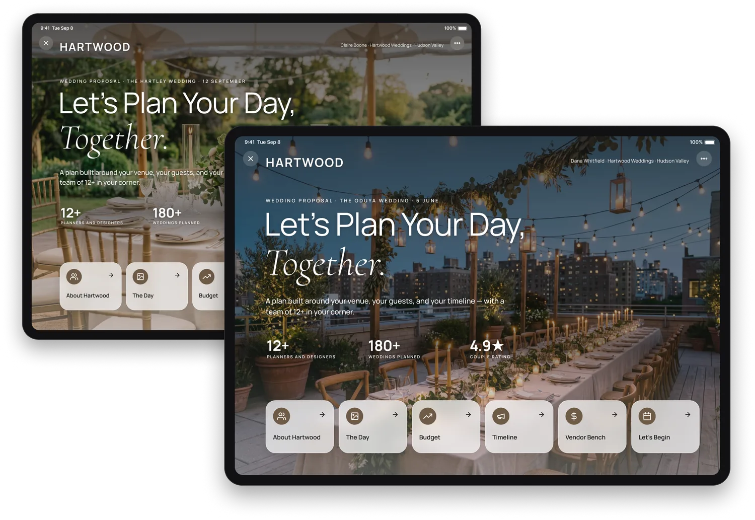 Two wedding proposals side by side on iPads: the same Hartwood wordmark, accent and typeface on both — one the Hartley wedding at a farm under Claire Boone, the other the Oduya wedding on a rooftop under Dana Whitfield.