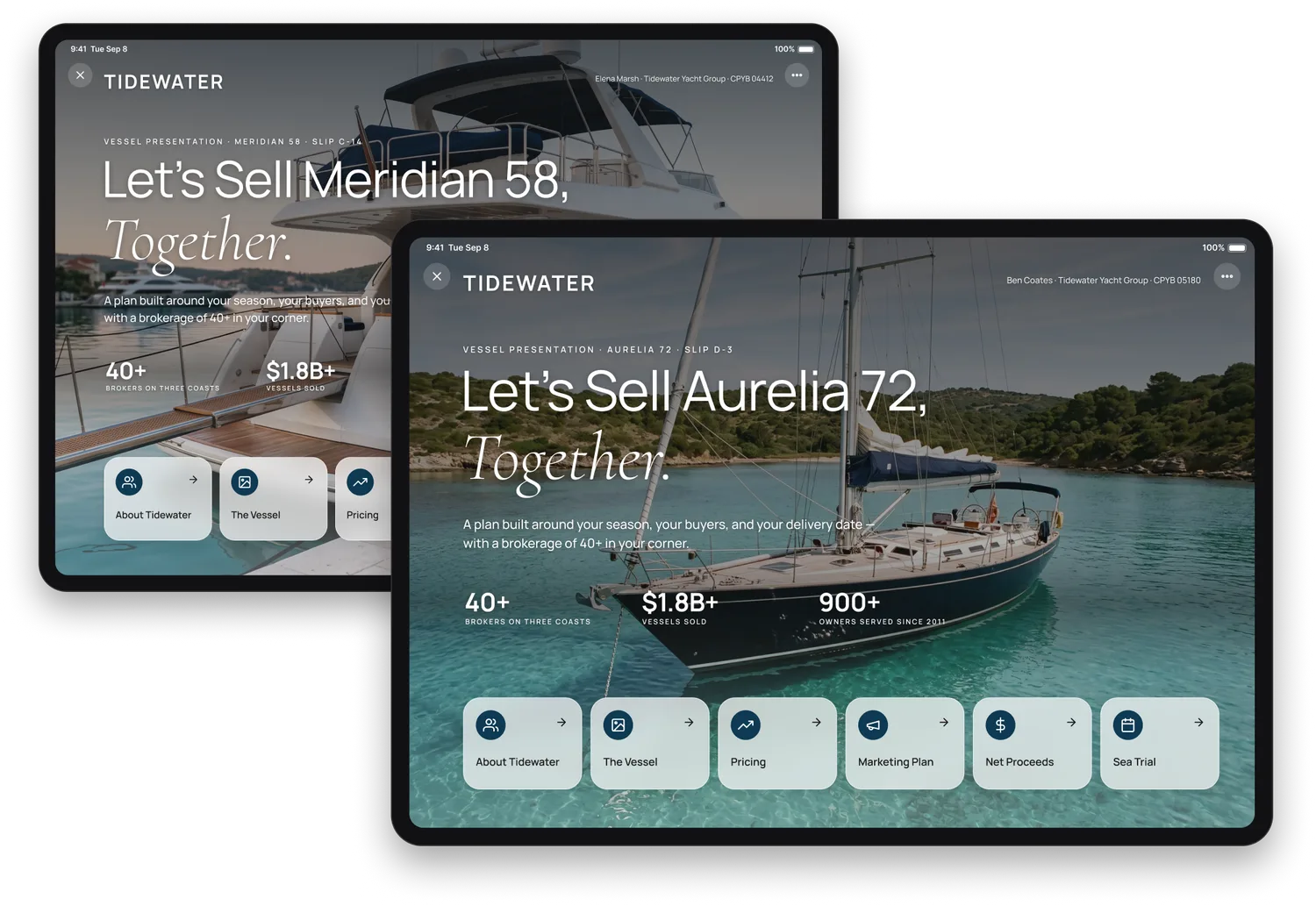 Two vessel presentations side by side on iPads: the same Tidewater wordmark, accent and typeface on both, and the same brokerage record — but one is the Meridian 58 at a stone quay under Elena Marsh, the other the Aurelia 72 at anchor under Ben Coates.