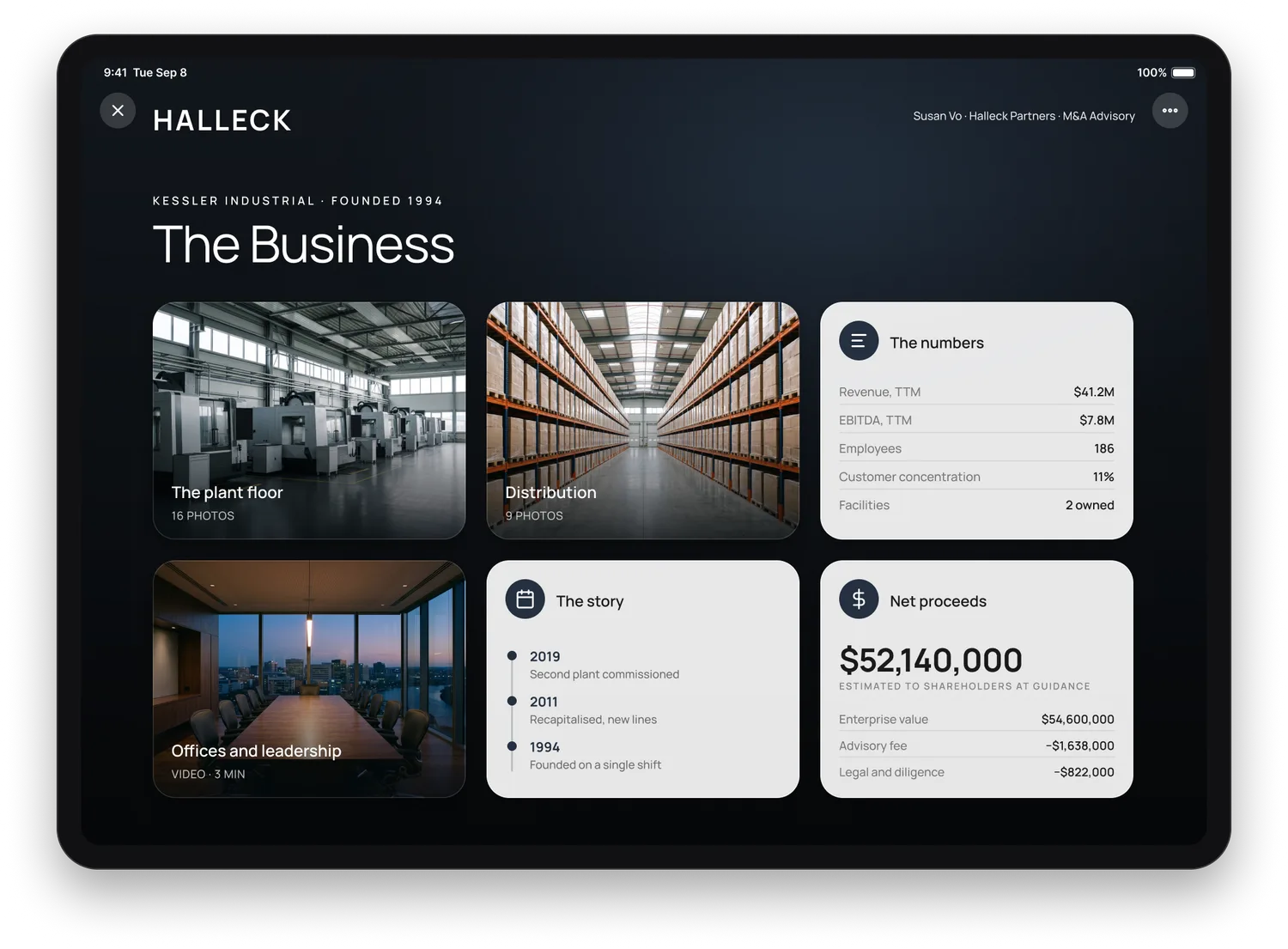 A destination opened inside the mandate presentation on an iPad: photographs of the plant floor, the distribution warehouse and the boardroom, beside a card of the trading numbers, the company's history and an estimate of net proceeds to shareholders.