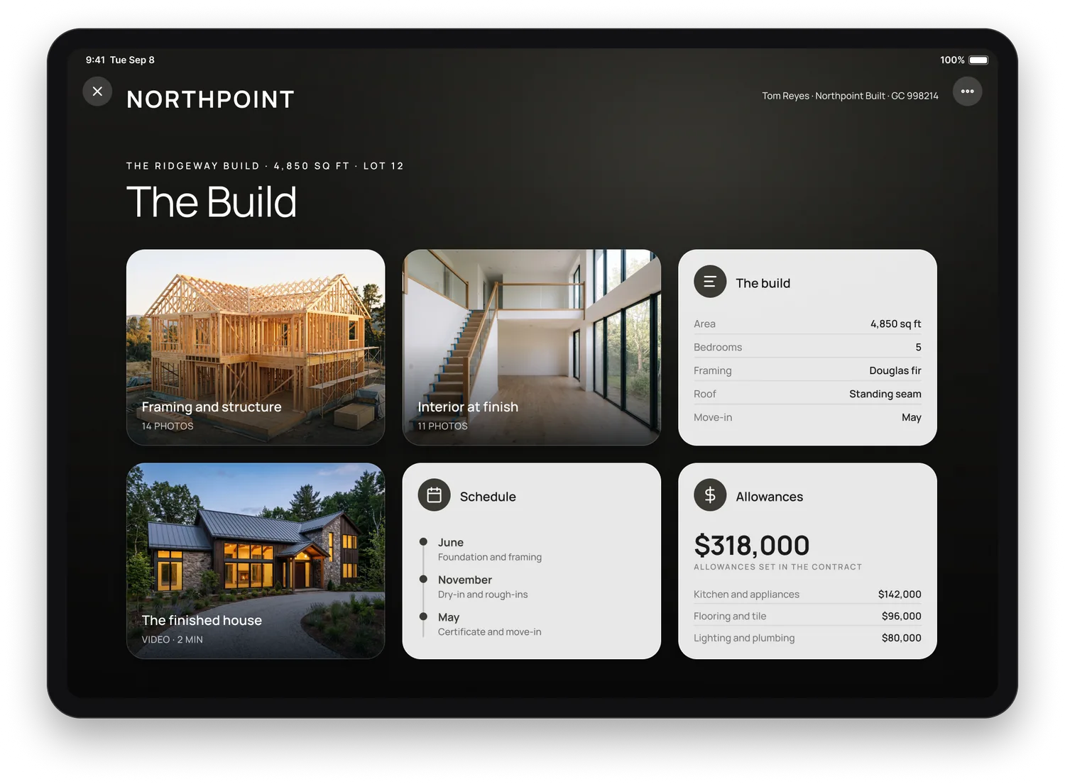 A destination opened inside the pre-construction presentation on an iPad: photographs of the framing, the interior at finish and the finished house, beside a card of the build's details, the schedule and the contract allowances.
