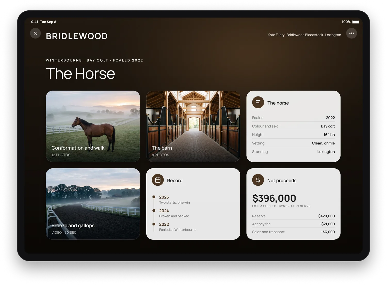 A destination opened inside the sale presentation on an iPad: photographs of the horse in the paddock, the barn aisle and the gallops, beside a card of the horse's details, its record and an estimate of the owner's net proceeds.