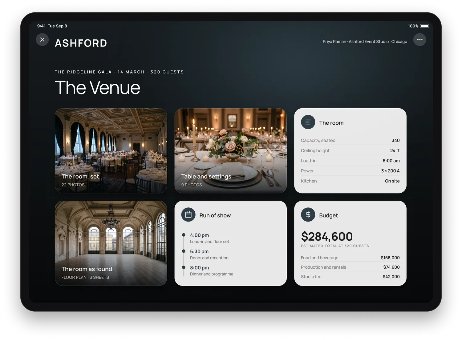 A destination opened inside the event proposal on an iPad: photographs of the ballroom set for dinner, a place setting and the empty room, beside a card of the room's capacities, the run of show and the budget.