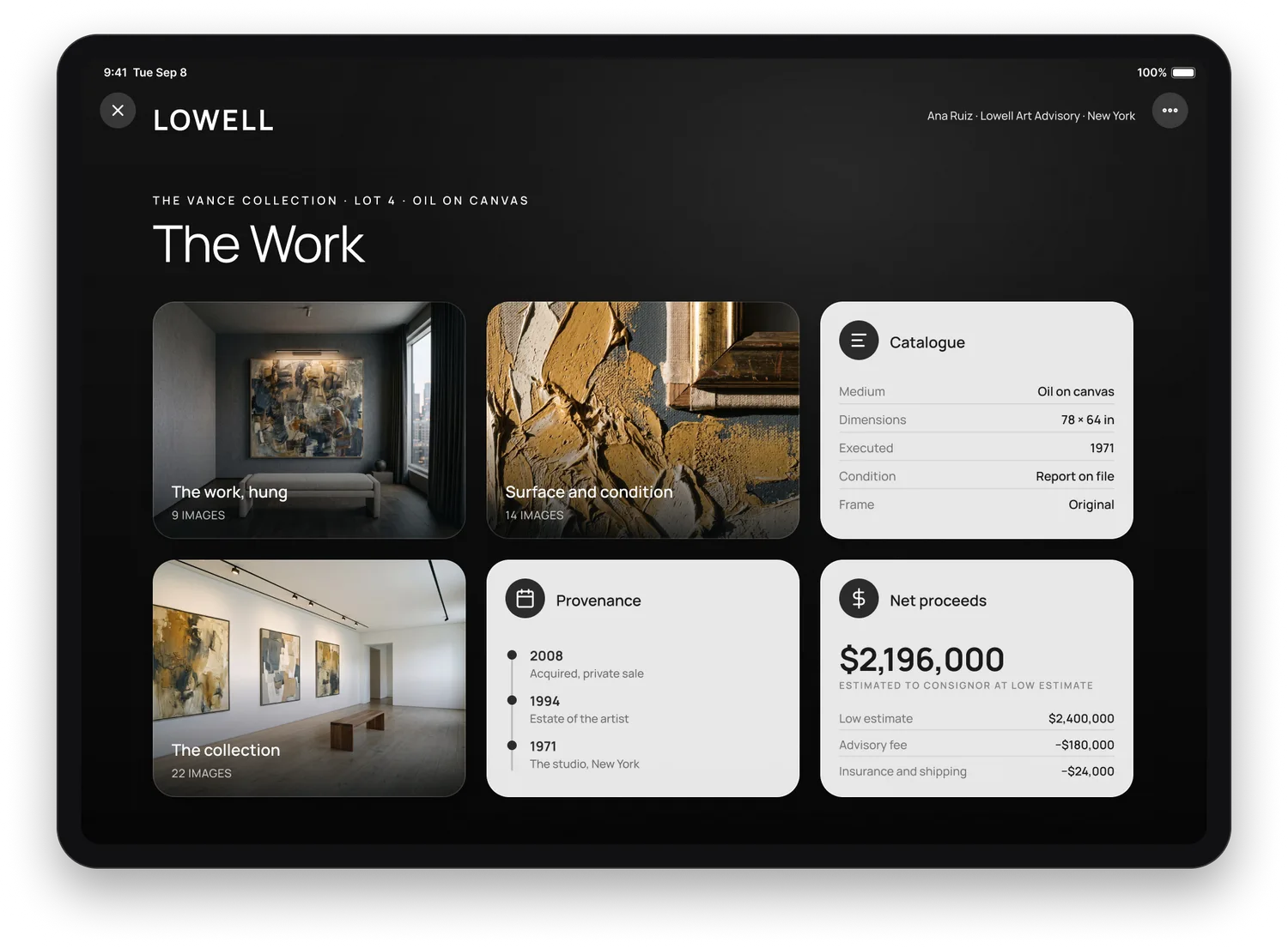 A destination opened inside the viewing presentation on an iPad: photographs of the work hung, its surface in raking light and the wider collection, beside a catalog card, the provenance and an estimate of the consignor's net proceeds.
