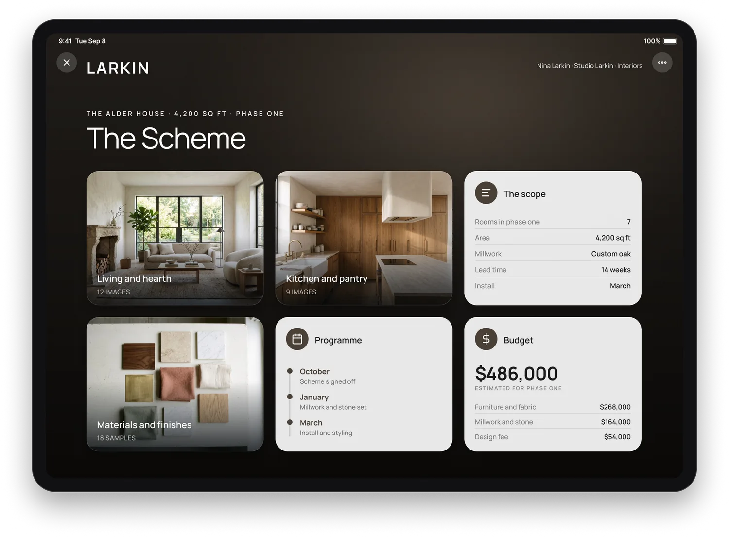 A destination opened inside the concept presentation on an iPad: photographs of the living room, the kitchen and the material samples, beside a card of the scope, the program and the budget.