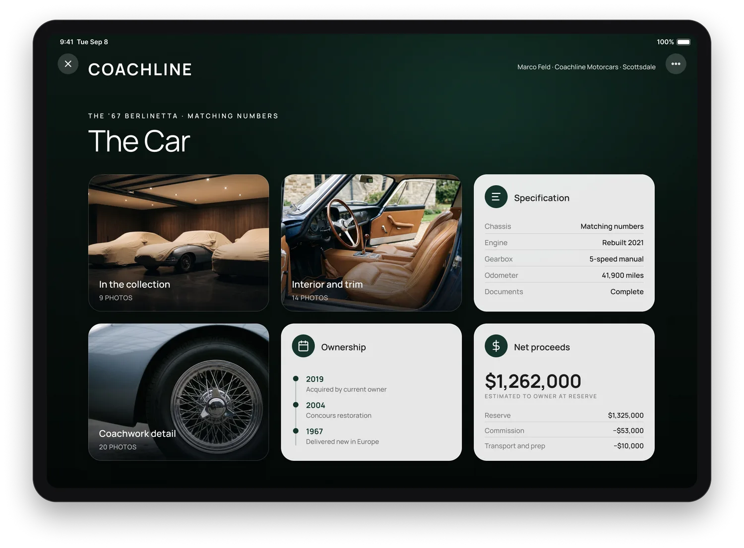 A destination opened inside the consignment presentation on an iPad: photographs of the car in the collection, its interior and a coachwork detail, beside a specification card, an ownership history and an estimate of the owner's net proceeds.