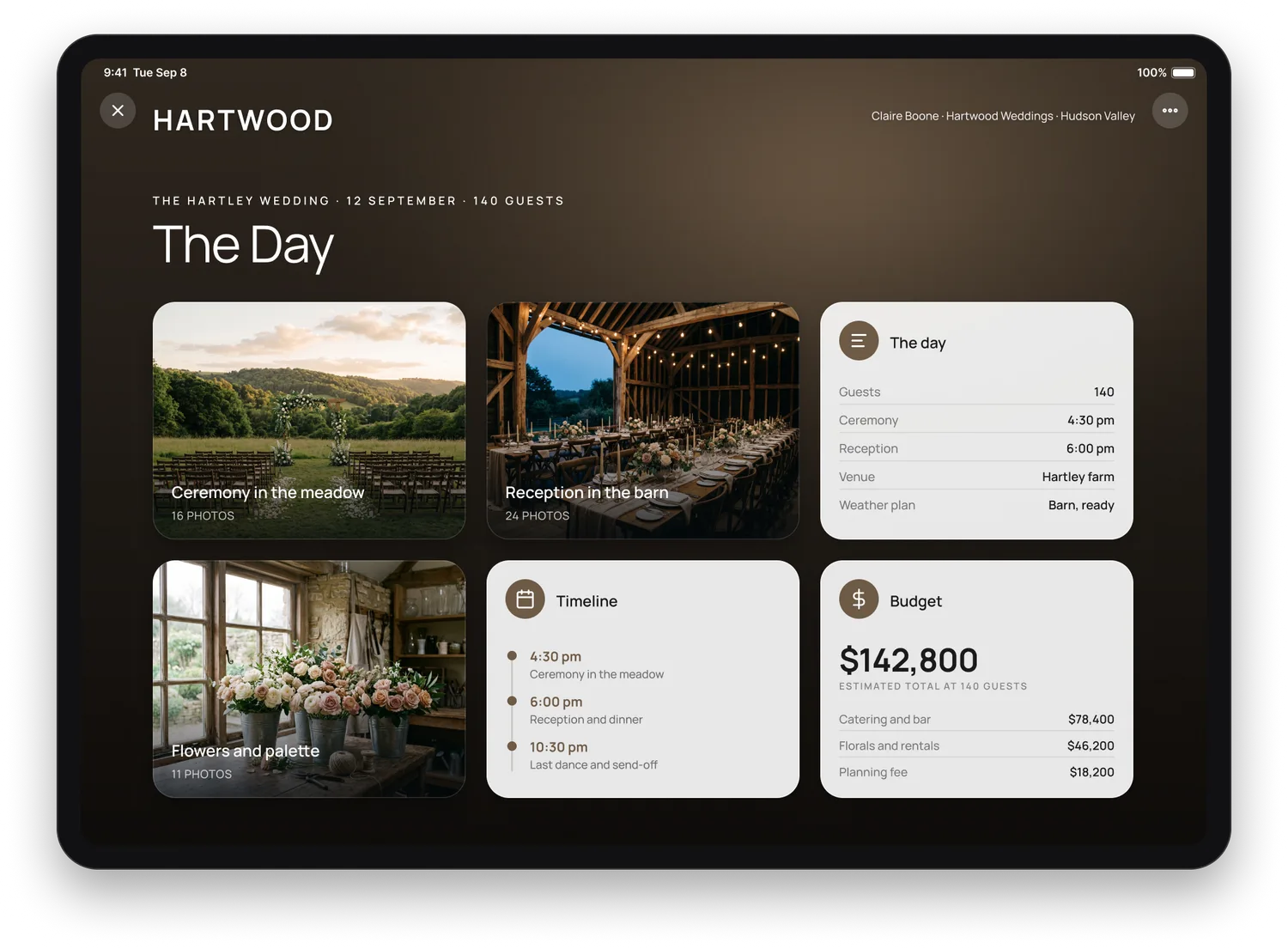 A destination opened inside the wedding proposal on an iPad: photographs of the ceremony in the meadow, the reception in the barn and the flowers, beside a card of the day's details, the timeline and the budget.