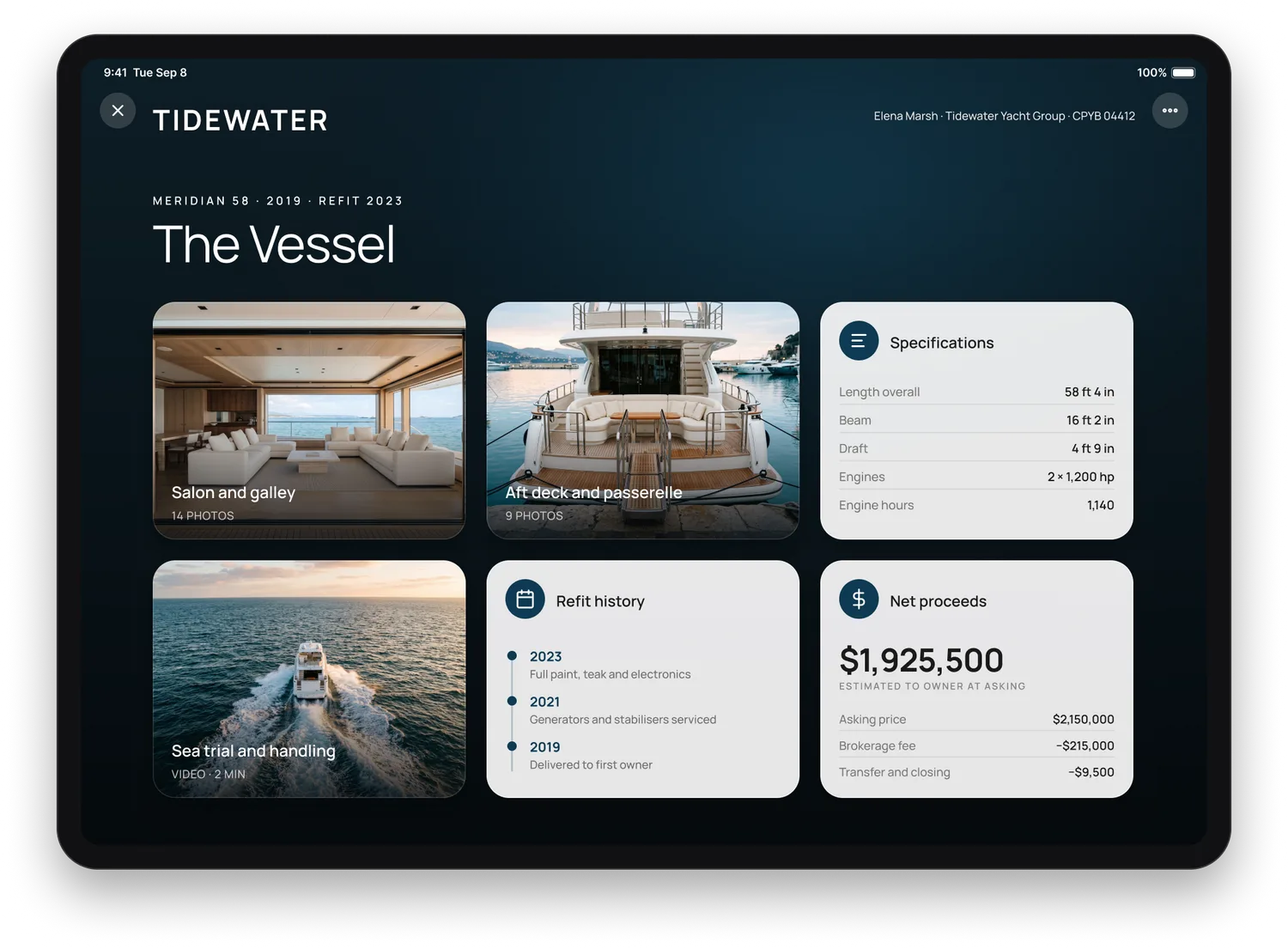 A destination opened inside the vessel presentation on an iPad: photographs of the salon, the aft deck and the vessel underway, beside a specification card, a refit timeline and an estimate of the owner's net proceeds.