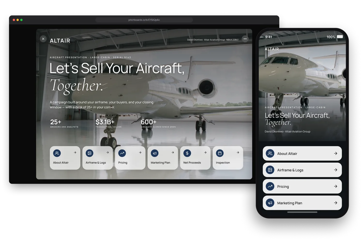 The same aircraft presentation opened from a share link in a desktop browser, with the phone version standing in front of it — the board reflowed as a scrolling one-pager, the same headline over the same photograph.