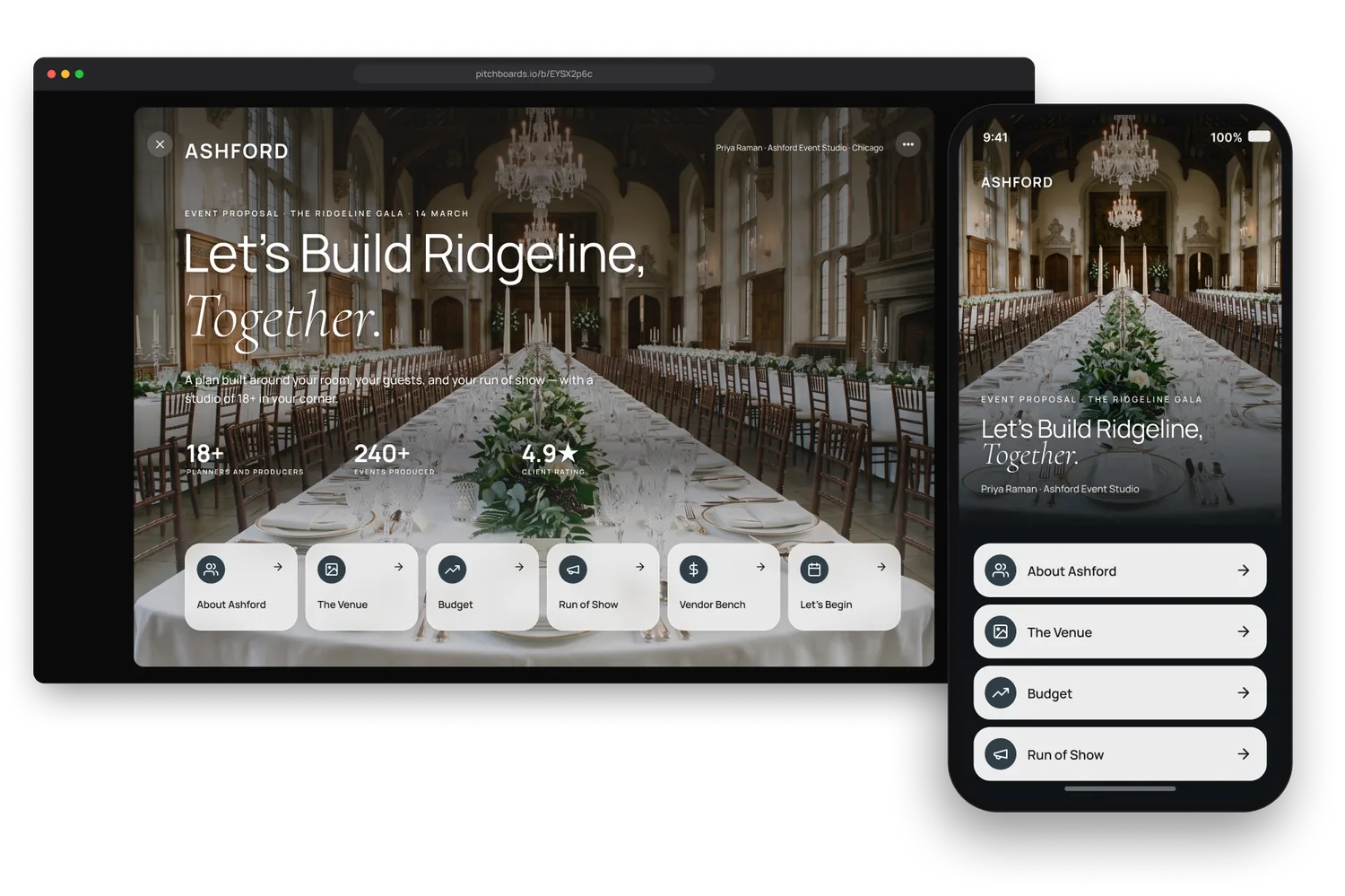 The same event proposal opened from a share link in a desktop browser, with the phone version standing in front of it — the board reflowed as a scrolling one-pager, the same headline over the same photograph.